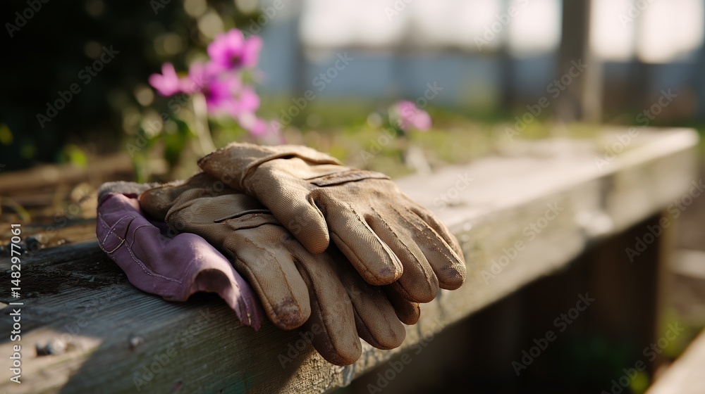 Gardening gloves resting on a wooden bench surrounded by blooming flowers in a sunny garden