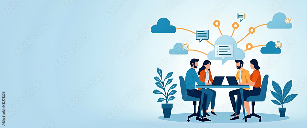 Photo Realistic Vector Illustration of a Business Team Collaborating Through Cloud Computing: Emphasizing Teamwork and Digital Connectivity in a Modern Workplace Photo Realistic Vector Illustration of a Business Team Collaborating Through Cloud Computing: Emphasizing Teamwork and Digital Connectivity in a Modern Workplace
