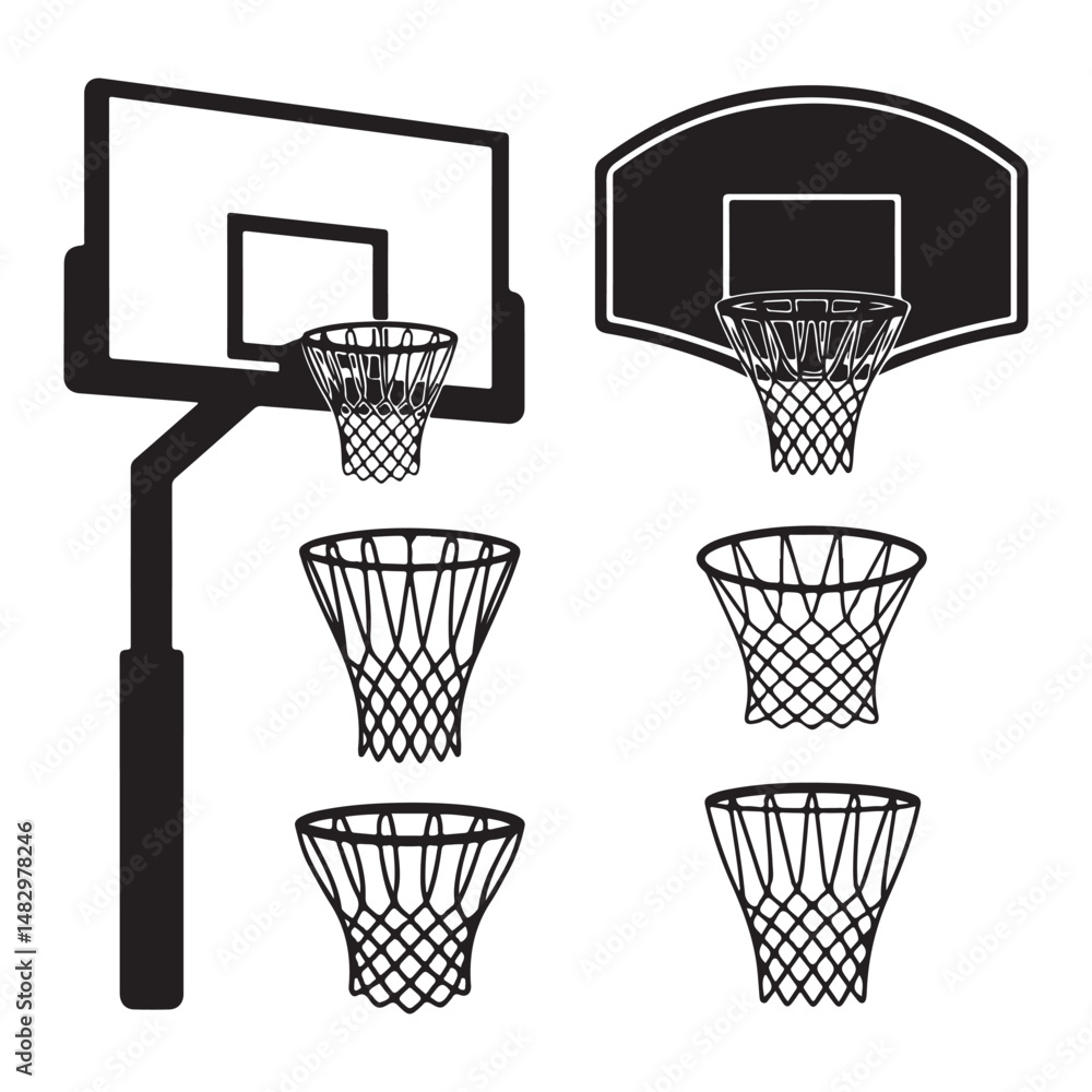 Φωτογραφία Hand-drawn black icons of basketball hoops in different angles and styles, perfect for sports illustrations and basketball-themed designs