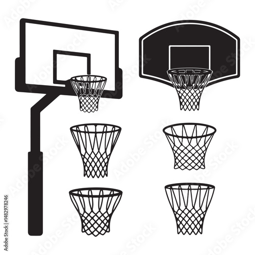Hand-drawn black icons of basketball hoops in different angles and styles, perfect for sports illustrations and basketball-themed designs.