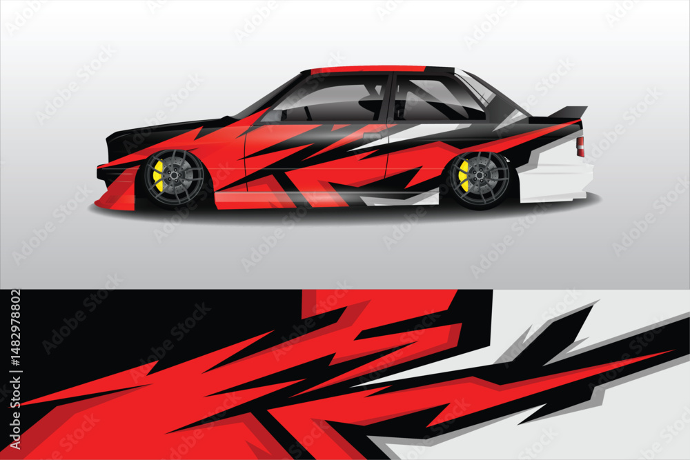 Stylish modified car with bold graphics in studio Stylish modified car with bold graphics in studio