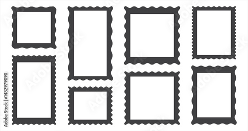 Set of rectangle frames with wavy edges. Wavy frame border set. Zigzag wavy edges, retro scallop frames, psychedelic rectangles, photo frames, text boxes, tags, labels.