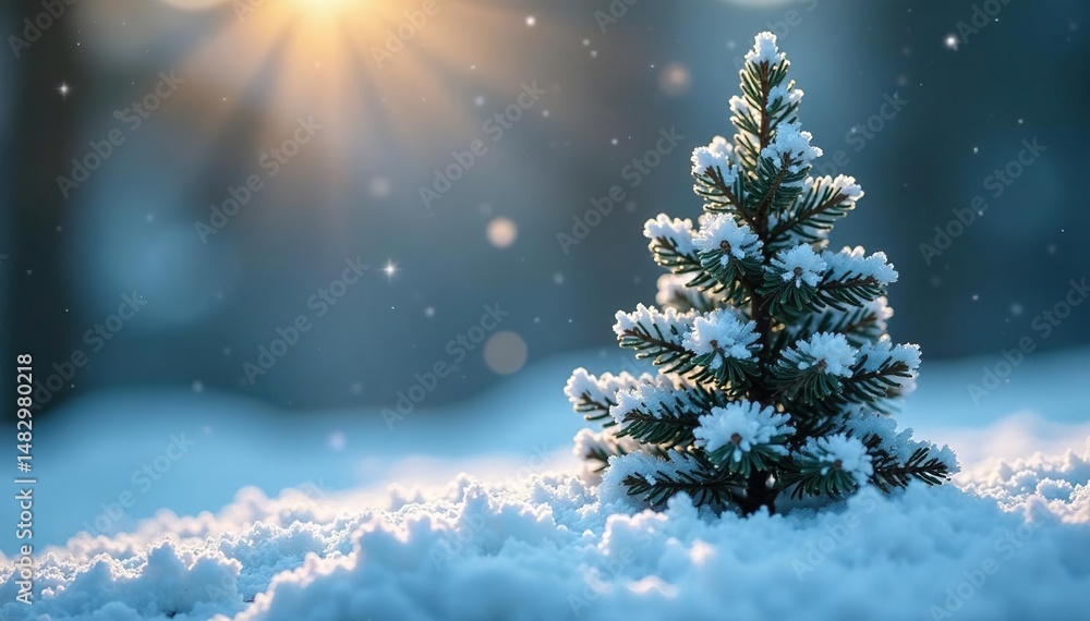 Naklejka premium Miniature snow-covered conifer with subtle sparkle , cold, christmas, evergreen