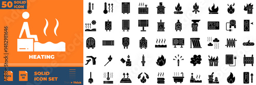 Heating Solid Editable Icons set. Vector illustration in modern thin solid style of heating icons: Thermometer, Pyrometer, Body Temperature, etc