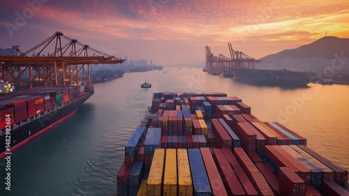 Wallpaper Mural Container ship at sunset in busy port with cranes and mountains in the background. Torontodigital.ca