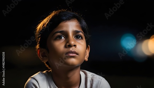 Thoughtful Indian Child Looking Up and Right – Close-Up AI Generated Portrait with Dark Background and Emotional Expression
