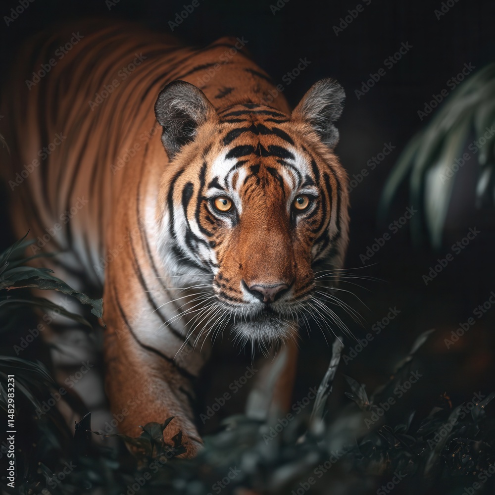Obraz premium A tiger's intense gaze in a dense jungle setting.