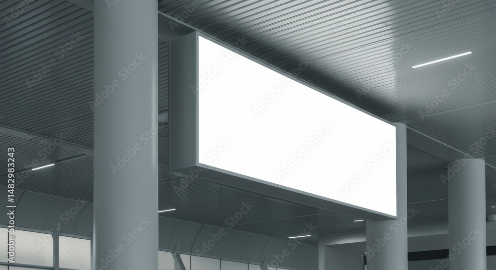 Obraz premium A large, empty billboard hangs from the ceiling, supported by two cylindrical, light gray pillars.