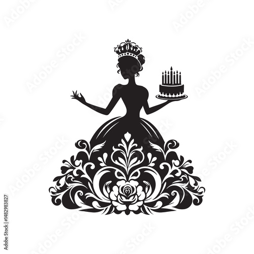 Queen's Birthday Silhouette Vector Illustration, Solid White Background.
