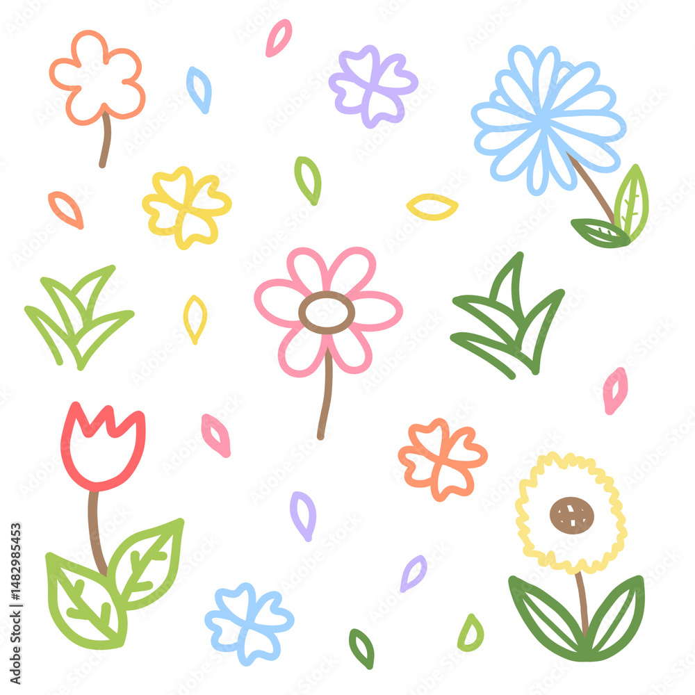 Fototapeta premium Trees, leaves, colorful flowers, and nature.