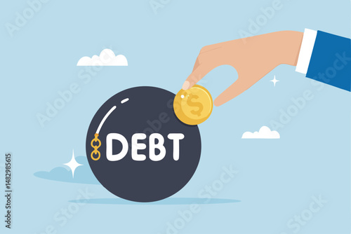 Pay off debt, financial obligation, responsibility to pay debtor, money decision, liability relief, deficit or borrowing due, indebted concept, businessman hand put dollar coin money into debt bomb.