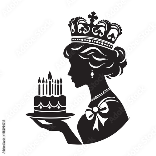 Queen's Birthday Silhouette Vector Illustration, Solid White Background.