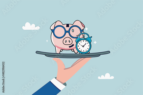 Pension fund investment for retirement, saving or wealth rich senior elderly adult, earning or profit, future value or growth for retirement planning concept, senior piggybank with alarm clock.