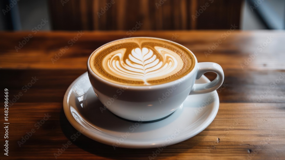 Latte art in a cup on a wooden table. Latte art in a cup on a wooden table.