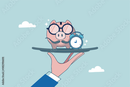 Pension fund investment for retirement, saving or wealth rich senior elderly adult, earning or profit, future value or growth for retirement planning concept, senior piggybank with alarm clock.