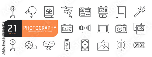 Set of line icons related to photography, photo camera, gallery, and more. Outline icons collection. Editable stroke. Vector illustration.