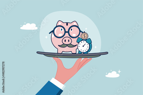 Pension fund investment for retirement, saving or wealth rich senior elderly adult, earning or profit, future value or growth for retirement planning concept, senior piggybank with alarm clock.