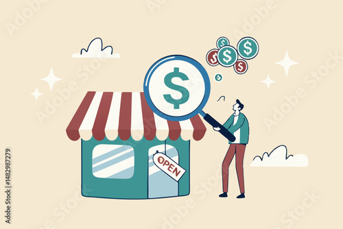 Business evaluation, analyze company worth or market value, merger and acquisition to determine corporate valuation, revenue profit or earning concept, businessman evaluate company with dollar money.