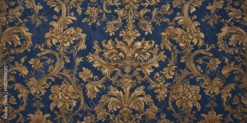 Intricate damask-style floral wallpaper, royal blue & gold hues, gold, print, stylish