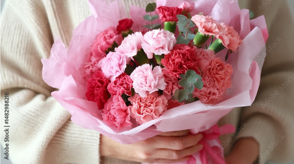 Beautiful bouquet of pink and red carnations held by a person wearing a cozy sweater