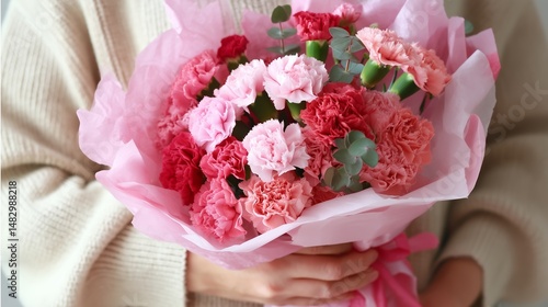 Obraz na płótnie Beautiful bouquet of pink and red carnations held by a person wearing a cozy sweater w salonie