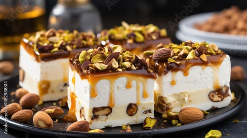 Halva dessert with pistachios, caramel, and nuts.