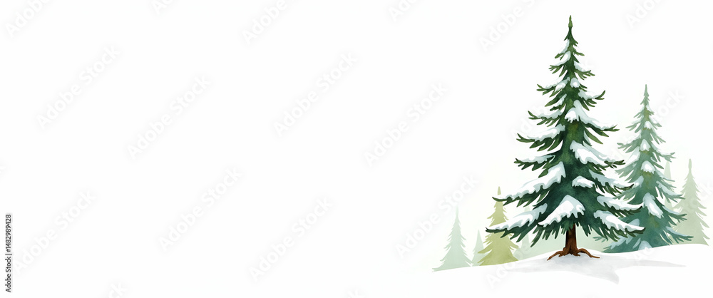 Hand drawn watercolor clipart of tall pine tree with snow covered branches on white background, ideal for nursery art, featuring empty space on the left side.