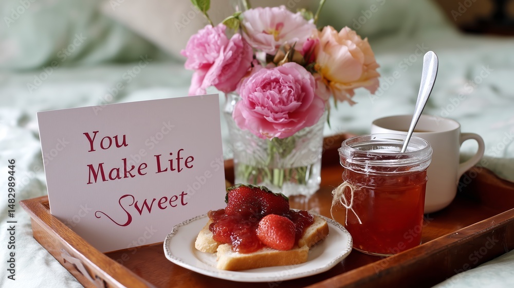 Bedside breakfast with toast, homemade jam, and fresh flowers creates a cozy and inviting atmosphere for a morning treat
