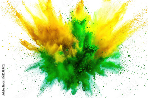 Colorful explosion of yellow and green powder paint spreading on transparent background