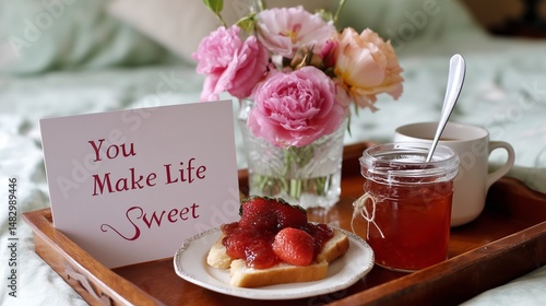 Bedside breakfast with toast, homemade jam, and fresh flowers creates a cozy and inviting atmosphere for a morning treat