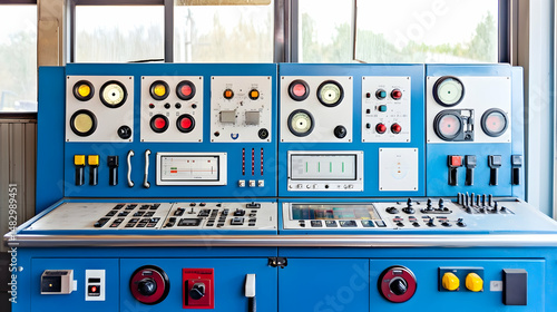 Vintage industrial control panel, buttons, switches, gauges, factory interior,  production process monitoring