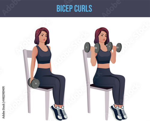 chair exercise,Bicep Curls.Personal trainer guiding woman at the gym.	
