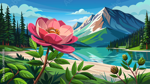 Blooming wild rose by Medicine Lake, Jasper National Park. Alberta, Canada very beautiful 