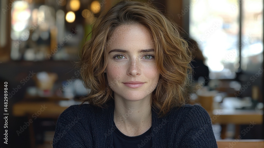 Woman with kind eyes and wavy hair sits and smiles Woman with kind eyes and wavy hair sits and smiles