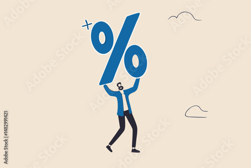Percentage or interest rate, debt burden, fees to pay off, saving or compound interest earning, financial profit, discount price reduction, promotion concept, businessman carry heavy percentage sign.