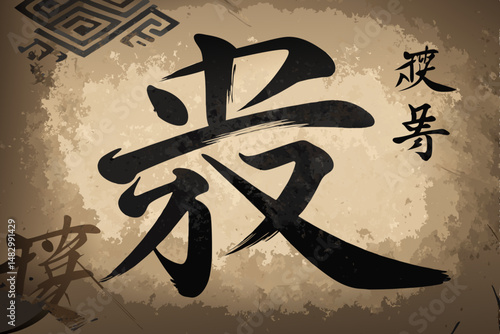 Create an abstract vector art piece featuring a bold, ink-style kanji character.  Emphasize strong brush strokes and dynamic composition.