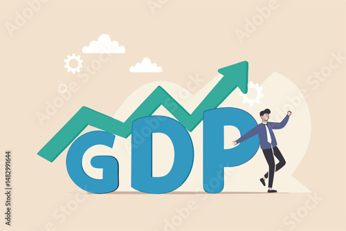 GDP Gross domestic product, import or export for country revenue growth, stock market profit value, annual percentage value report concept, businessman stand with GDP word and growing graph and chart.