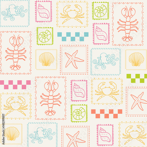 Nautical sea animal stamp seamless pattern. summer Italy vacation. Hand drawn lobster, octopus, shells and starfish design for textile, backgrounds, presentations, wrapping papers, prints, artworks.