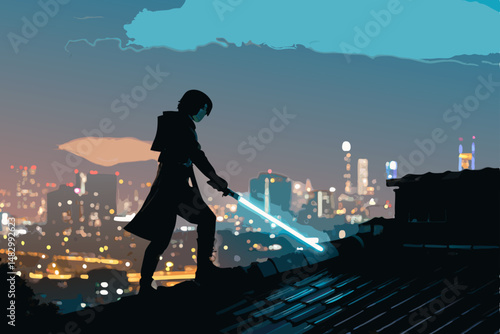 Silhouette of anime girl, long hair flowing, gazing at city lights from rooftop at night. Glowing cityscape background, dramatic pose.