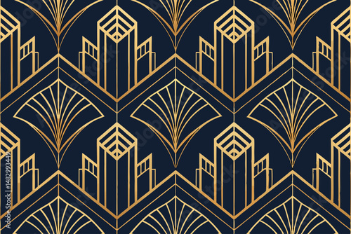 Generate a vibrant Art Deco pattern featuring bold, symmetrical golden lines, geometric shapes, and a luxurious feel.  Include intricate details and a rich color palette.