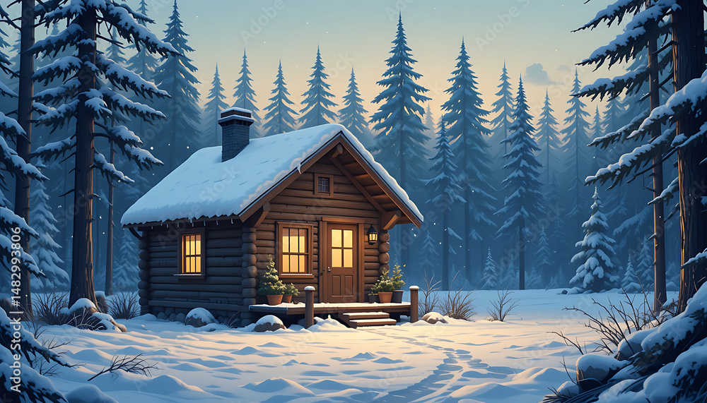 Fototapeta premium Cozy wooden cabin glowing warmly in a snowy forest during winter sunset, surrounded by tall pine trees and peaceful falling snow.