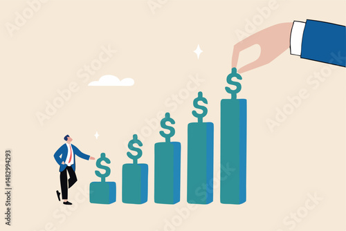 Investment dividends growth, increase profit and earning, passive income from stock market return, saving interest rate, capital gain concept, businessman put dollar sign on financial growth chart.