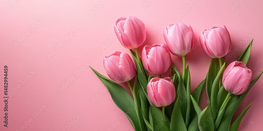 Pink tulips arranged on a soft pink background for a cheerful spring display Pink tulips arranged on a soft pink background for a cheerful spring display