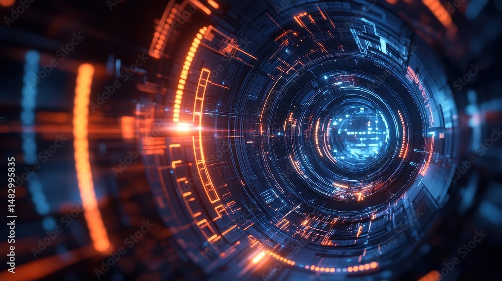Futuristic digital tunnel with neon lights and tech patterns Futuristic digital tunnel with neon lights and tech patterns