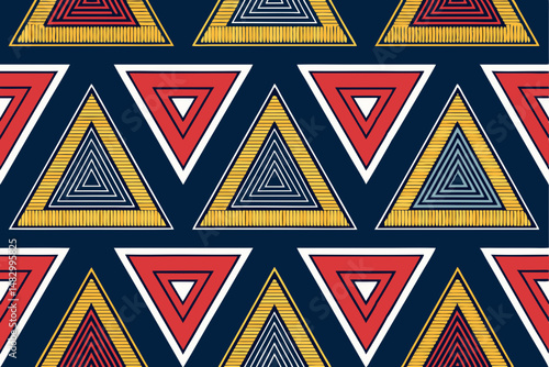 Create a vibrant, bold vector graphic featuring an overlapping geometric pattern with triangular and trapezoidal shapes.  Emphasis on sharp lines and contrasting colors.