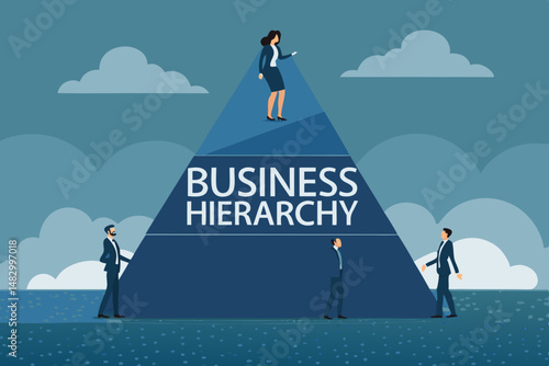Create a vector illustration depicting a clear business hierarchy, showing distinct team levels with bold visual representation.  Include visual cues for upward mobility.