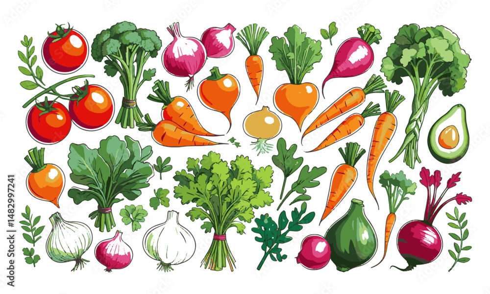 Modern vector illustration set of fresh vibrant vegetables, easily scalable and editable. Modern vector illustration set of fresh vibrant vegetables, easily scalable and editable.