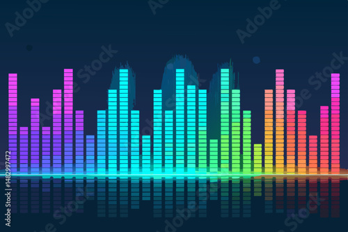 Generate a vibrant image of a colorful equalizer displaying bold, saturated hues against a dark, technological background.  The bars should pulse with energy.