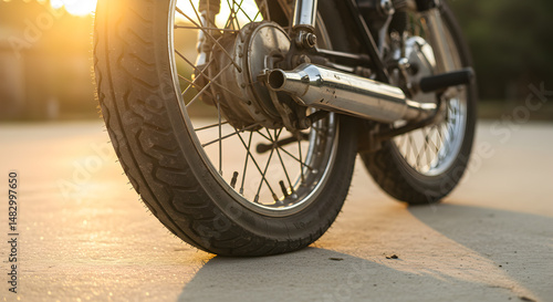 Close Up of Motorcycle Rear Wheel and Exhaust Pipe at Sunset on Asphalt Road in Golden Light