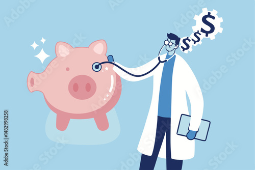 Financial check up, debt, budgeting, investment or saving analysis, wealth planning or money health check, risk or wealth preservation concept, doctor with stethoscope checking piggy bank saving.